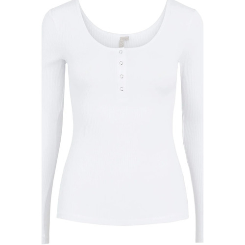 textil Mujer Camisetas manga larga Pieces Camiseta blanca manga larga detalle botones de canalé Blanco