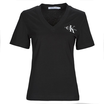 textil Mujer Camisetas manga corta Calvin Klein Jeans MONOLOGO SLIM V-NECK TEE Negro