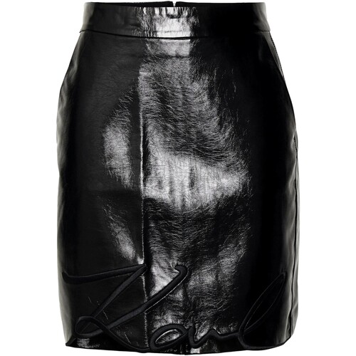 textil Mujer Faldas Karl Lagerfeld - Falda Corta de Charol con Logotipo Karl Signature Negro