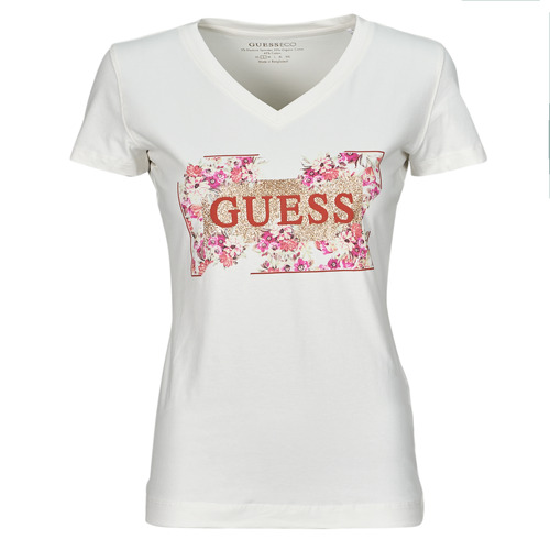textil Mujer Camisetas manga corta Guess LOGO FLOWERS Blanco