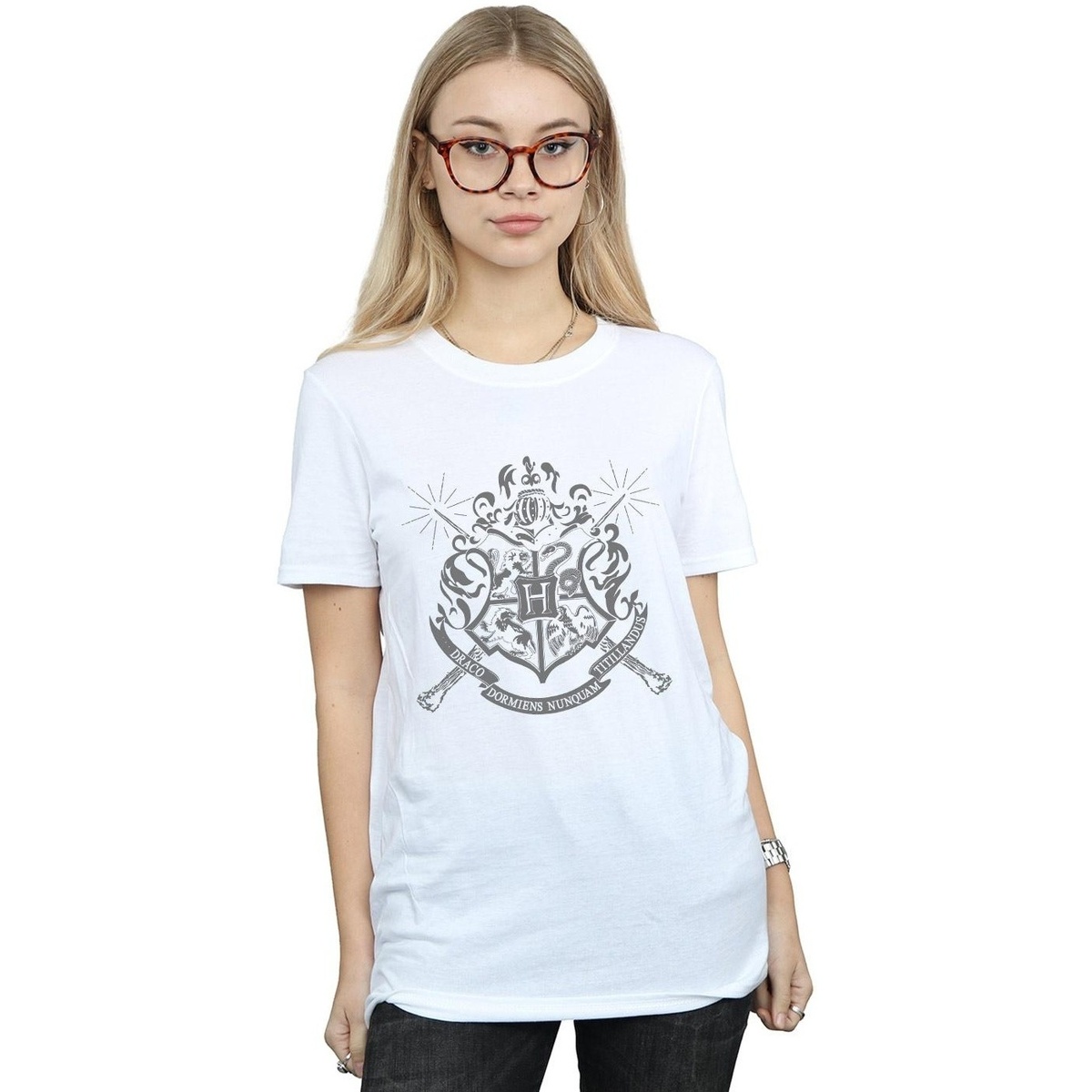 textil Mujer Camisetas manga larga Harry Potter Hogwarts Badge Wands Blanco