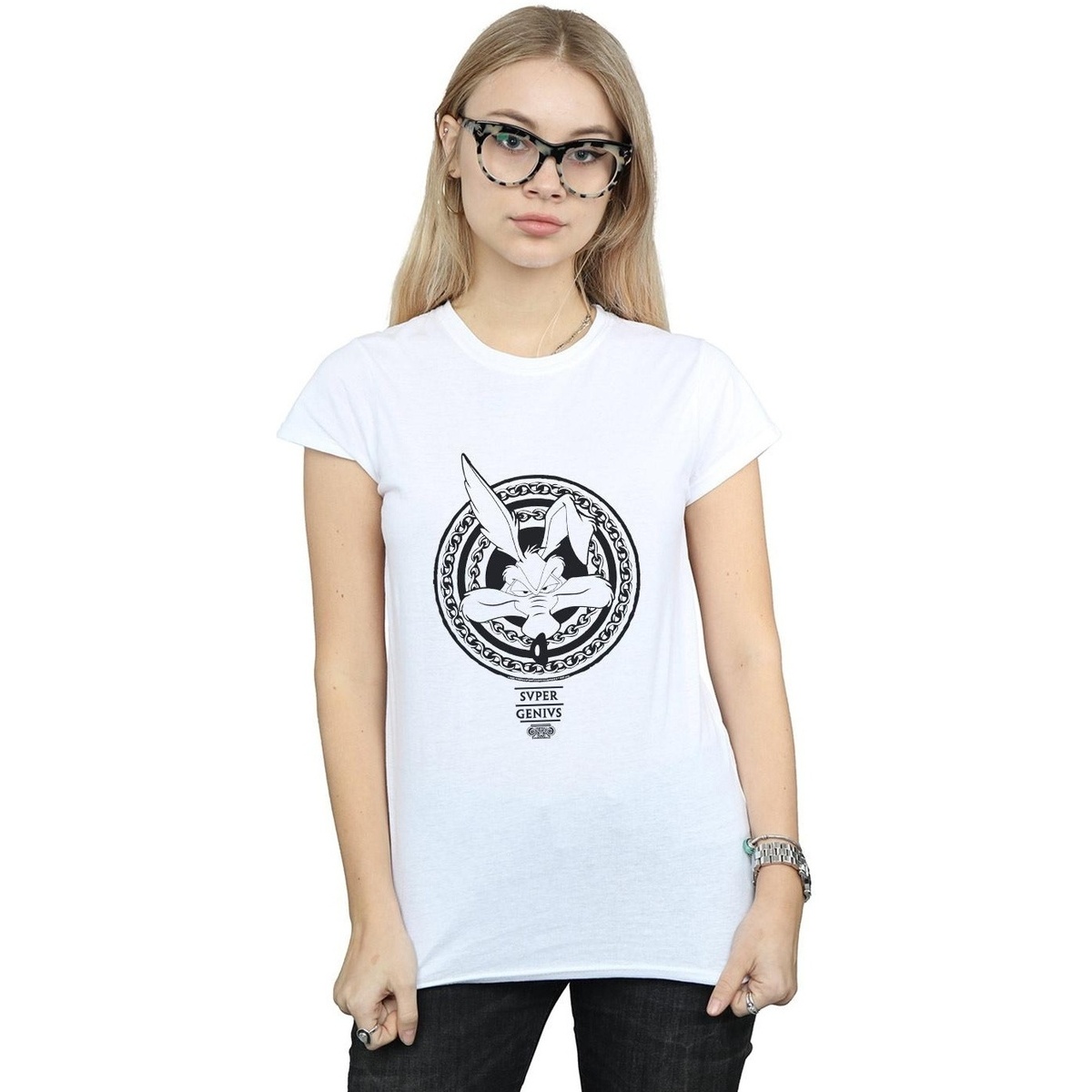 textil Mujer Camisetas manga larga Dessins Animés Wile E Coyote Super Genius Blanco