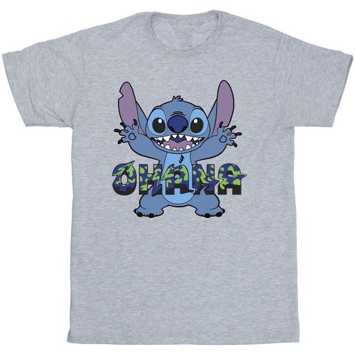 textil Hombre Camisetas manga larga Disney Lilo And Stitch Ohana Blue Glitch Gris