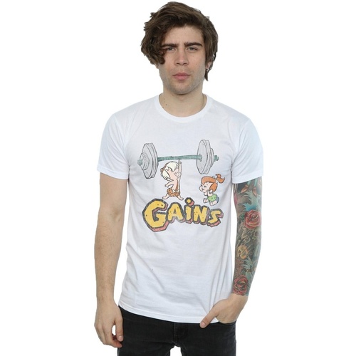 textil Hombre Camisetas manga larga The Flintstones Bam Bam Gains Distressed Blanco