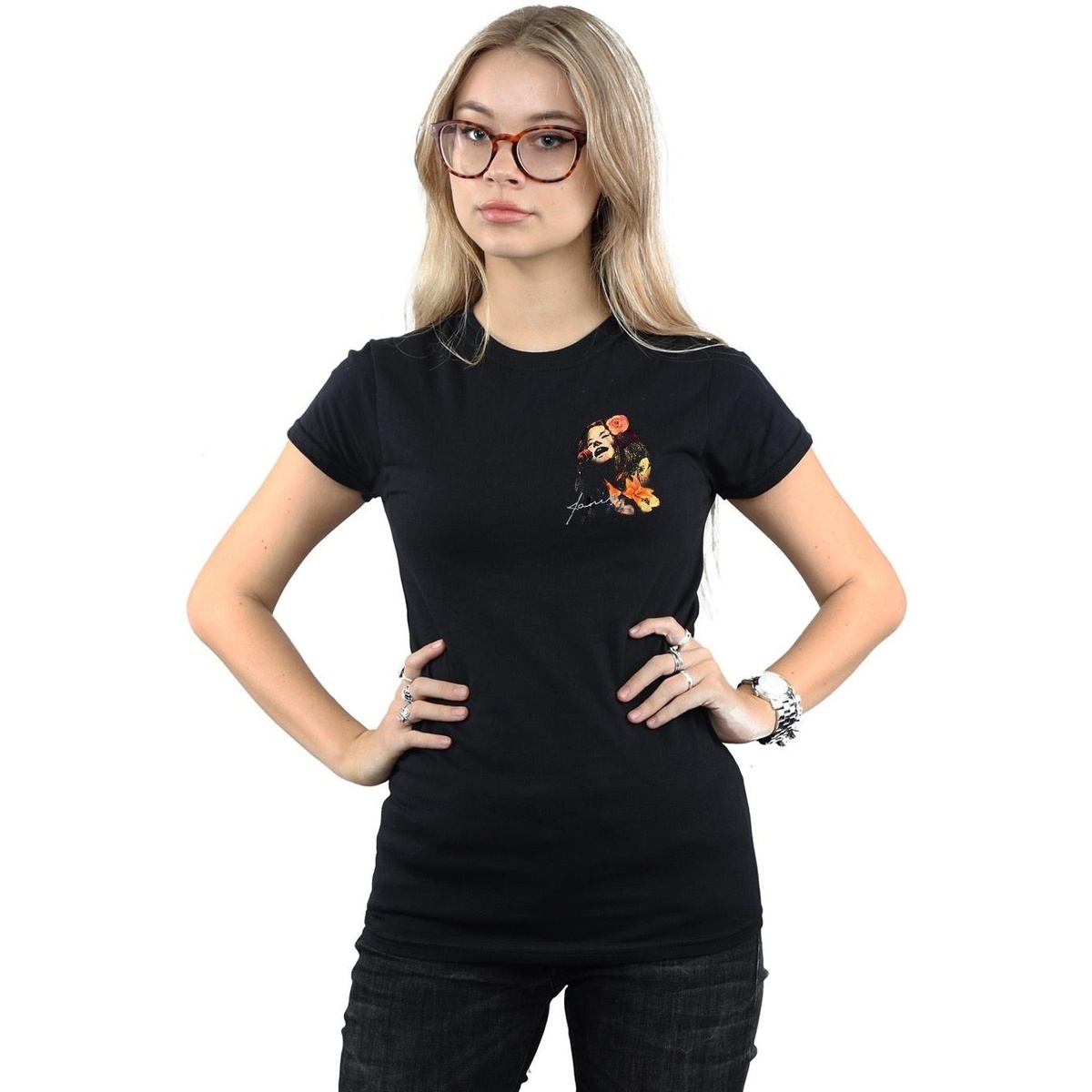 textil Mujer Camisetas manga larga Janis Joplin Floral Faux Pocket Negro
