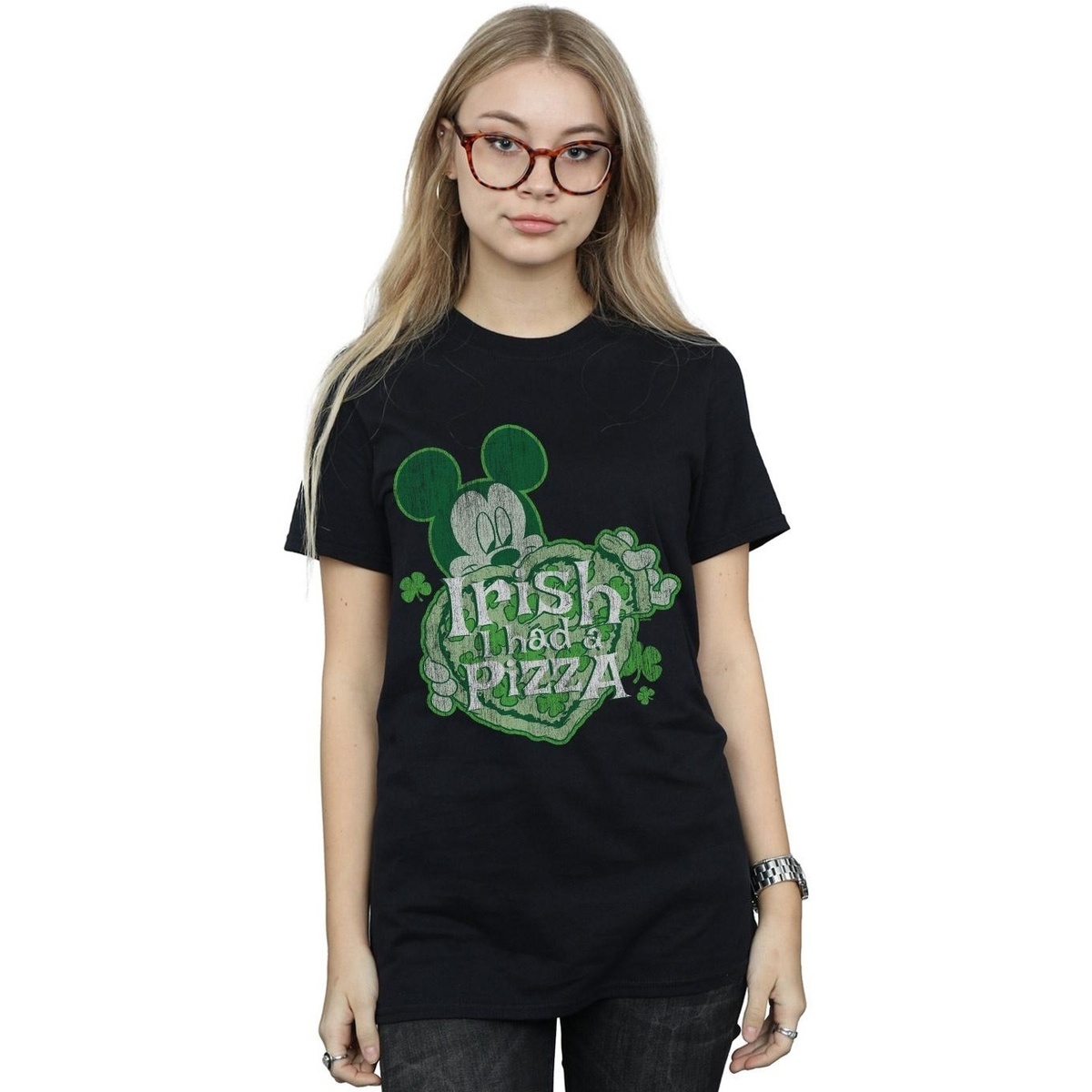 textil Mujer Camisetas manga larga Disney Mickey Mouse Shamrock Pizza Negro