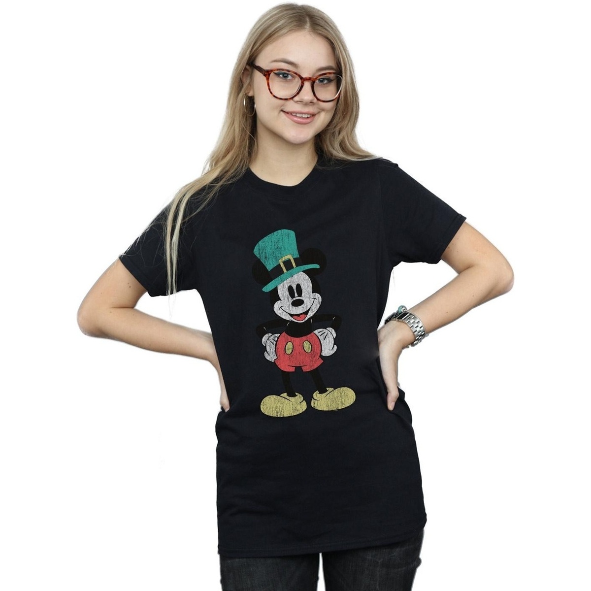 textil Mujer Camisetas manga larga Disney Mickey Mouse Leprechaun Hat Negro