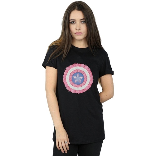 textil Mujer Camisetas manga larga Marvel Captain America Flowers Shield Negro