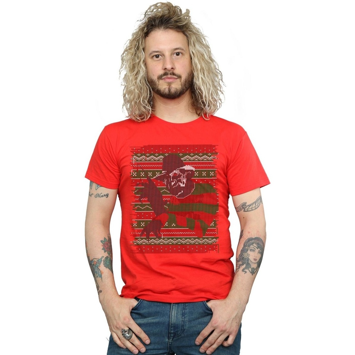 textil Hombre Camisetas manga larga A Nightmare On Elm Street Christmas Fair Isle Rojo