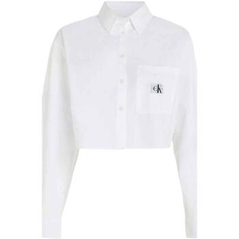 textil Mujer Tops y Camisetas Calvin Klein Jeans WOVEN LABEL CROPPED LS SHIRT Blanco