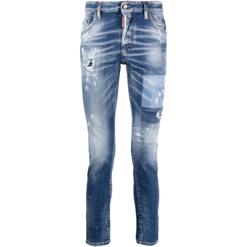 textil Hombre Pantalones Dsquared - Pantaln Vaquero Skater con Rotos y Gotas de Pintura Azul