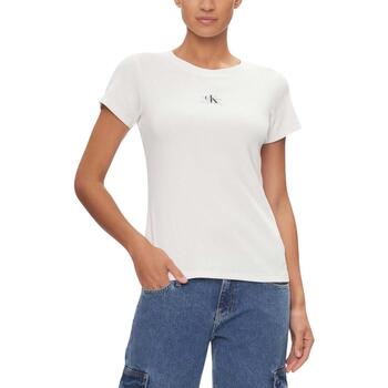 textil Mujer Tops y Camisetas Calvin Klein Jeans WOVEN LABEL RIB SLIM TEE Blanco