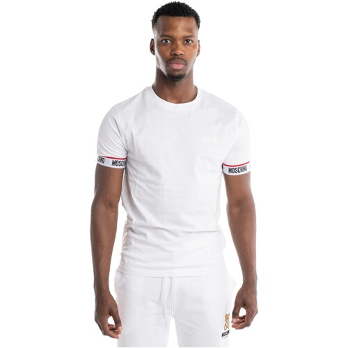 textil Hombre Camisas manga larga Moschino - Camiseta Manga Corta con Cinta Logo en Puos Blanco