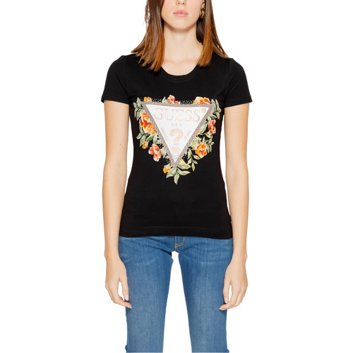 textil Mujer Camisetas manga corta Guess SS CN TRIANGLE FLOWERS W4GI24 J1314 Negro