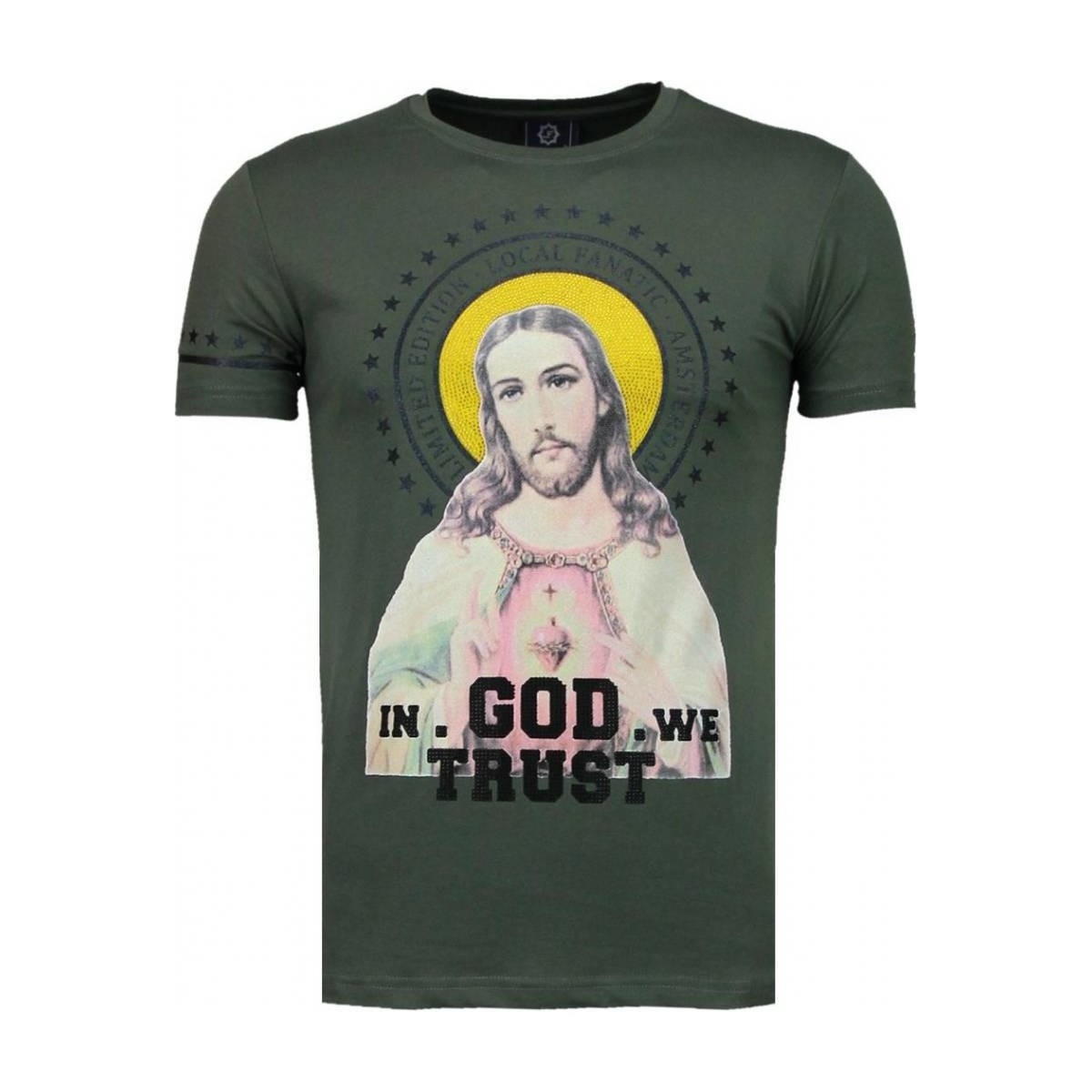 textil Hombre Camisetas manga corta Local Fanatic Jezus Rhinestone Personalizadas Verde