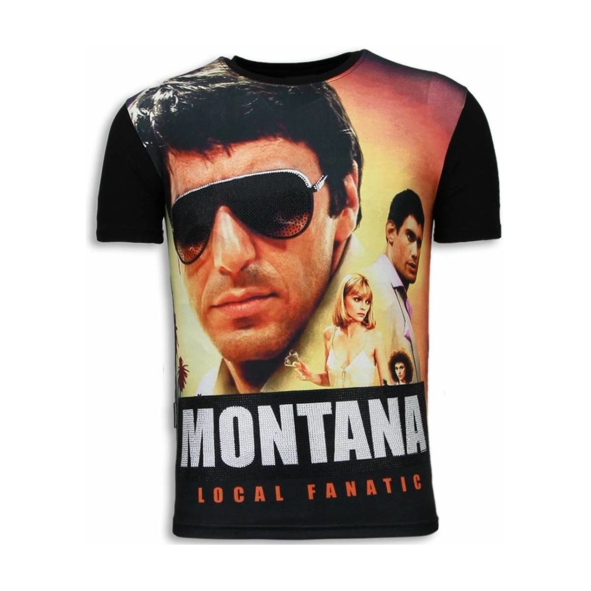 textil Hombre Camisetas manga corta Local Fanatic Tony Montana Digital Rhinestone Negro